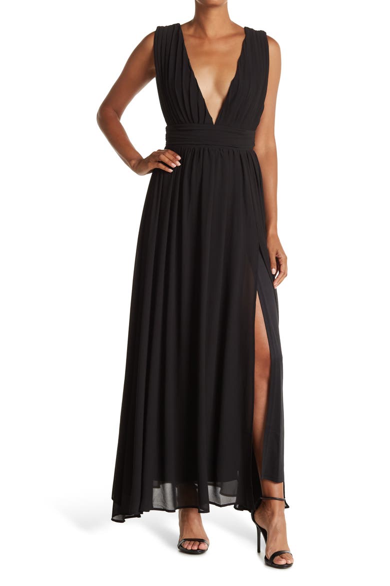 Plunge V-Neck Sleeveless Georgette Maxi Dress, Main, color, BLACK
