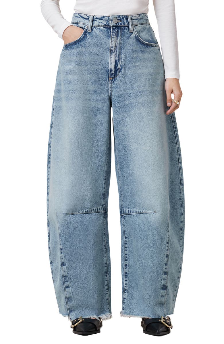 AllSaints Jett Frayed Hem Loose Barrel Jeans, Main, color, Light Indigo