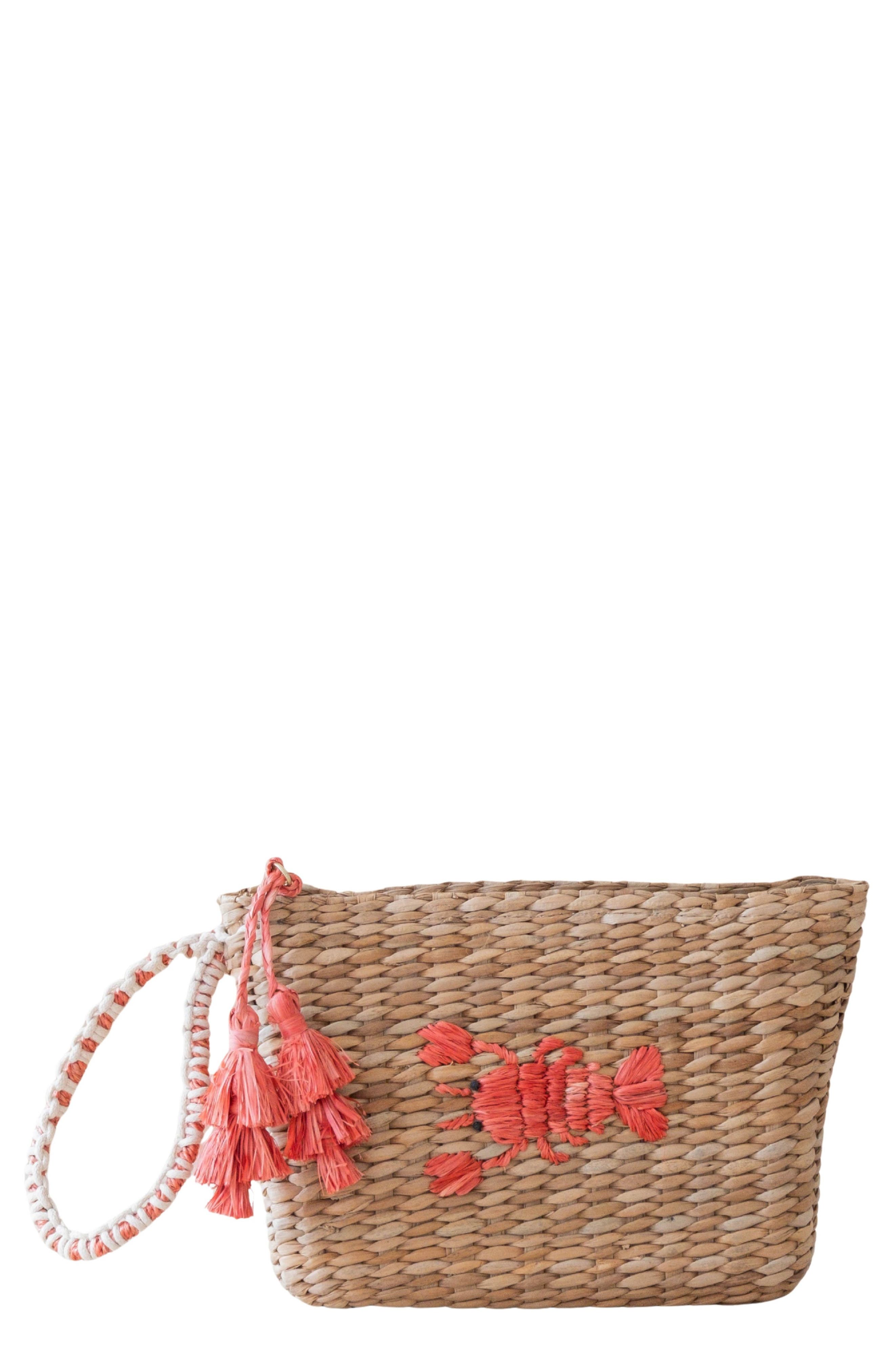 LIKHA Lobster Embroidered Straw Pouch, Main, color, 