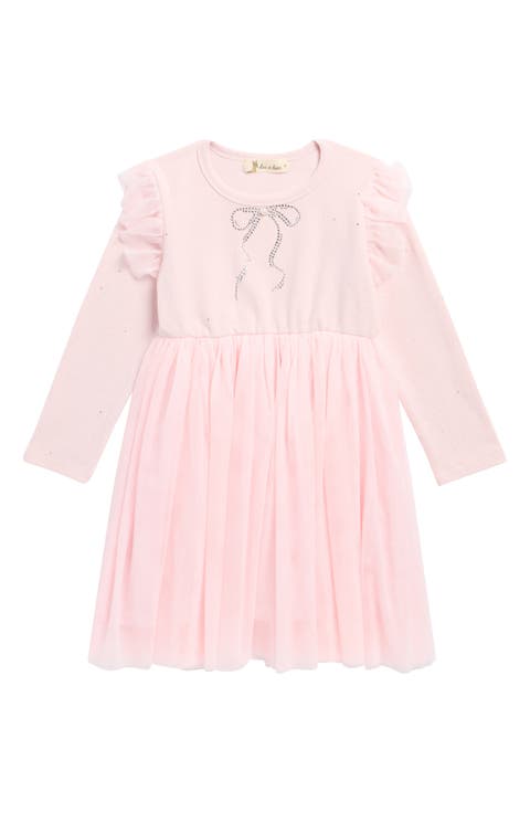 Kids' Bow Crystal Embellished Long Sleeve Tulle Dress (Toddler & Little Kid)