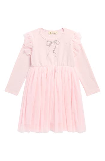 Doe A Dear Kids' Bow Crystal Embellished Long Sleeve Tulle Dress In Pink