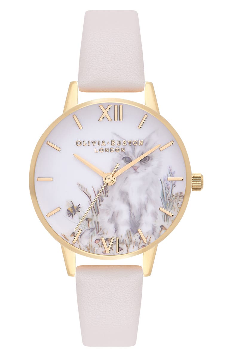 Olivia Burton Cat Print Faux Leather Strap Watch, 30mm, Main, color, 