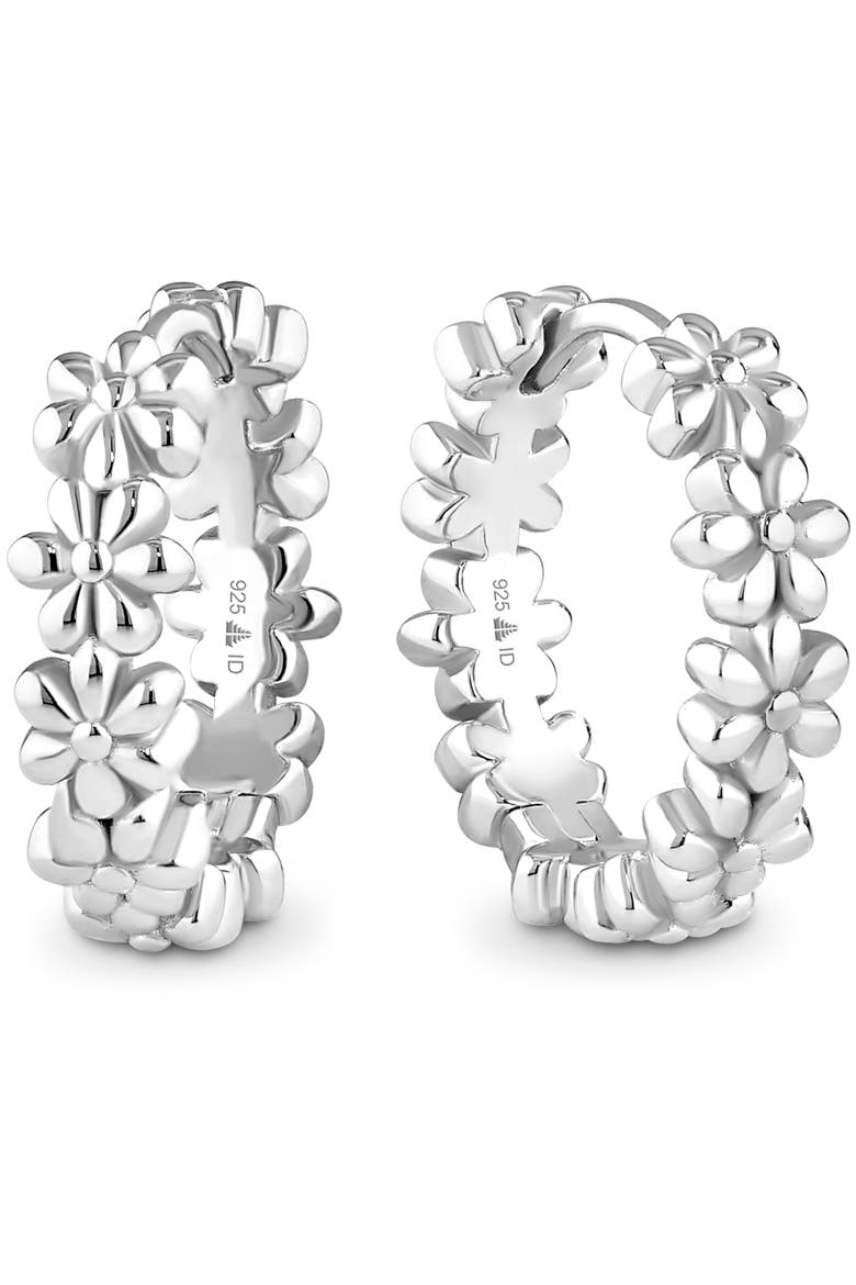 Daisy Flower Hoop Earrings in Rhodium Plated Sterling Silver, Main, color, Silver
