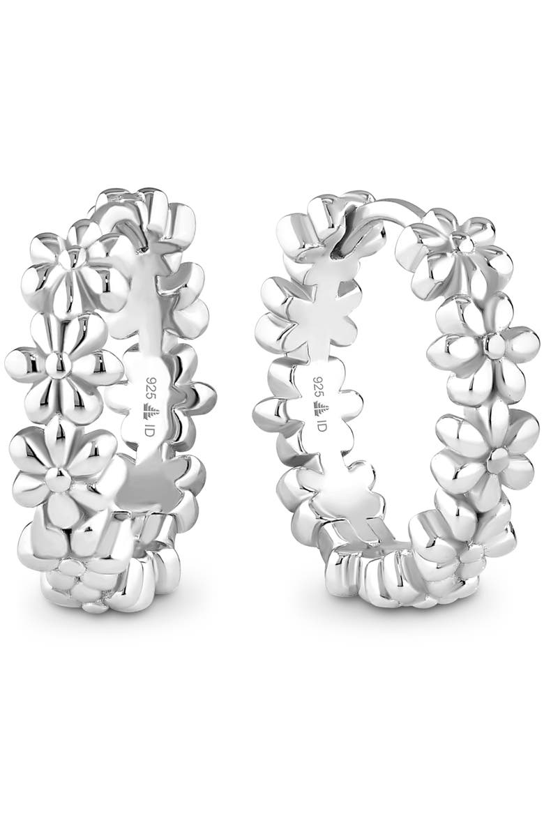 DEVATA Daisy Flower Hoop Earrings in Rhodium Plated Sterling Silver, Main, color, Silver