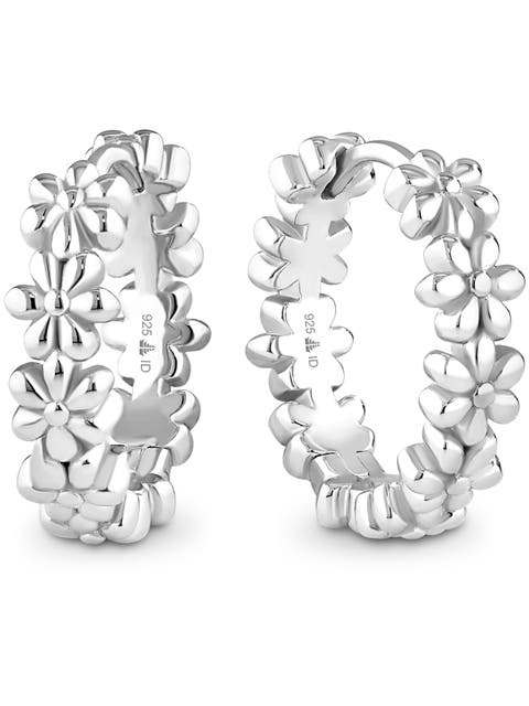 Daisy Flower Hoop Earrings in Rhodium Plated Sterling Silver