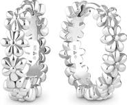 DEVATA Daisy Flower Hoop Earrings in Rhodium Plated Sterling Silver