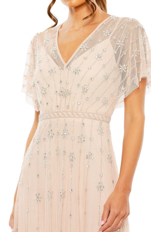 Mac Duggal V Neck Embellished Flutter Sleeve A Line Gown In Rose