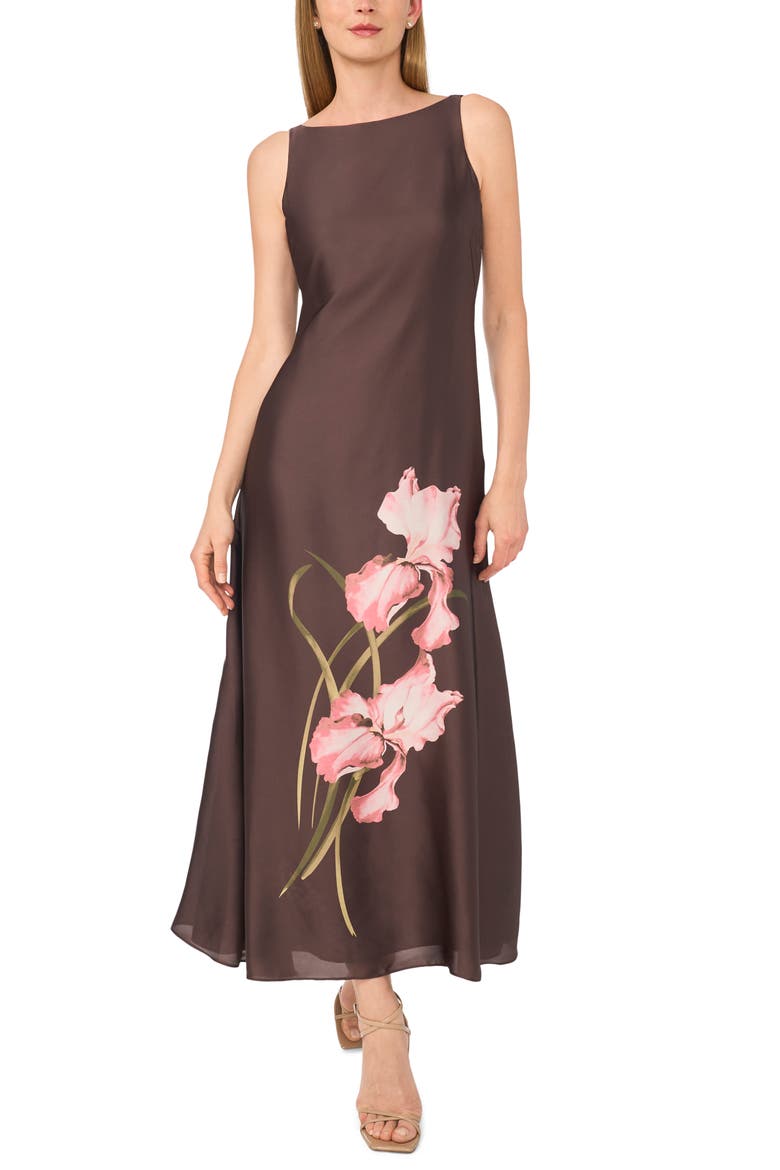 Iris Print Boat Neck Maxi Dress, Main, color, CHOCOLATE BROWN