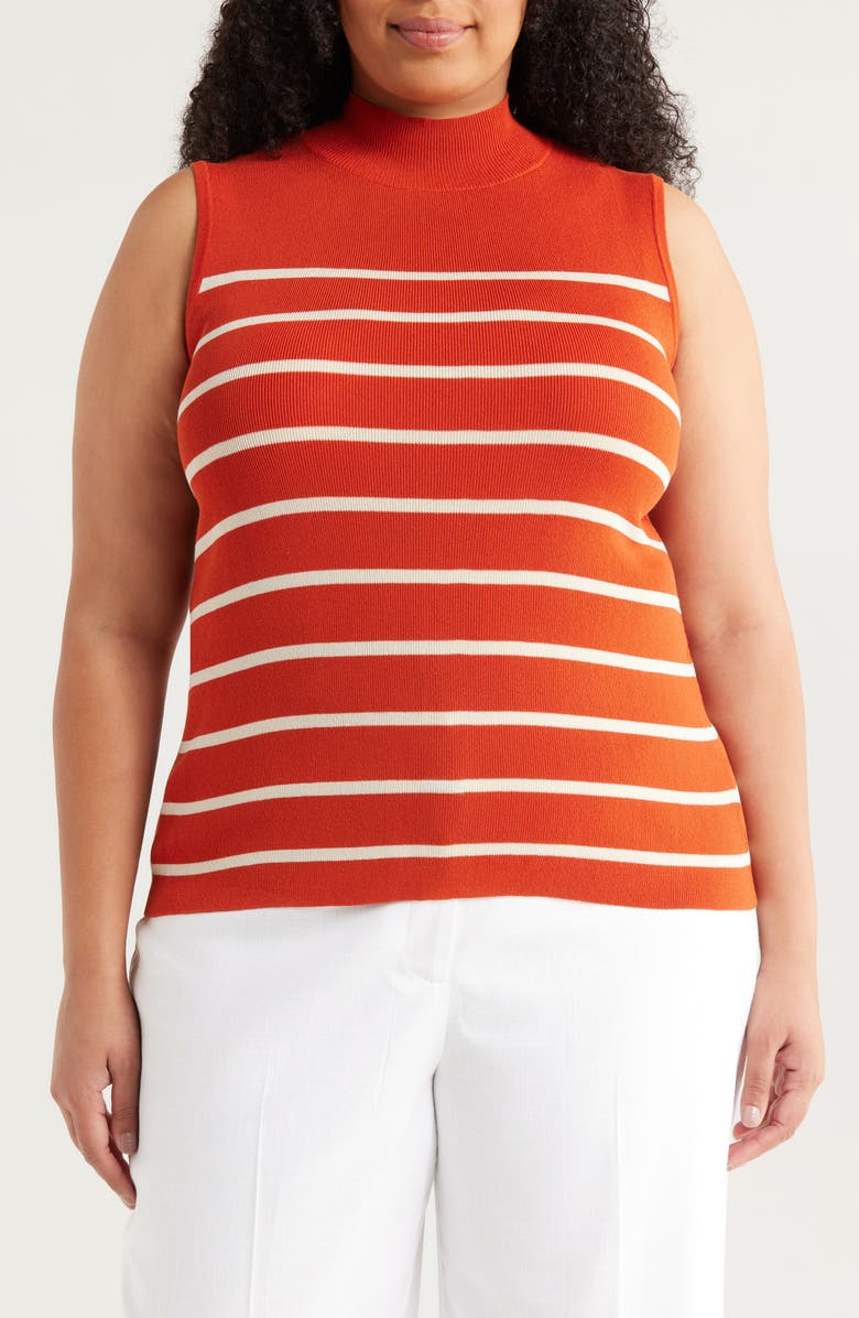 Tahari ASL Stripe Sleeveless Mock Neck Sweater, Main, color, Persimmon Vanilla