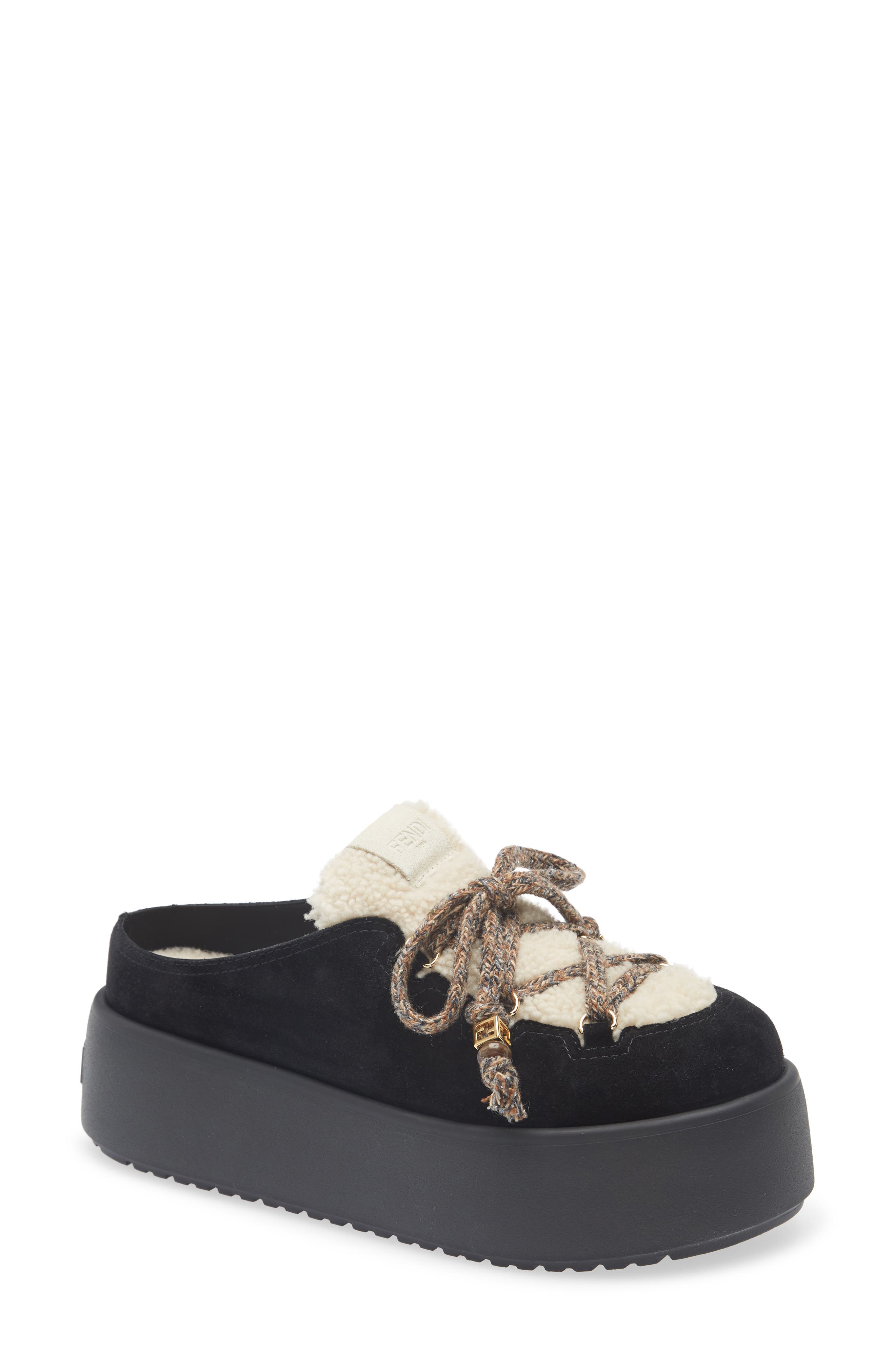 Fendi Après Chic Leather & Genuine Shearling Mule, Main, color, Black