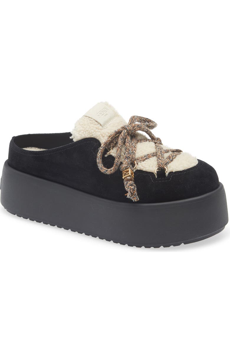 Fendi Après Chic Leather & Genuine Shearling Mule, Main, color, Black