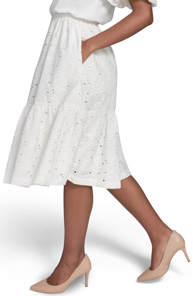 KARL LAGERFELD PARIS Mixed Media Eyelet Lace Midi Dress, Alternate, color, 