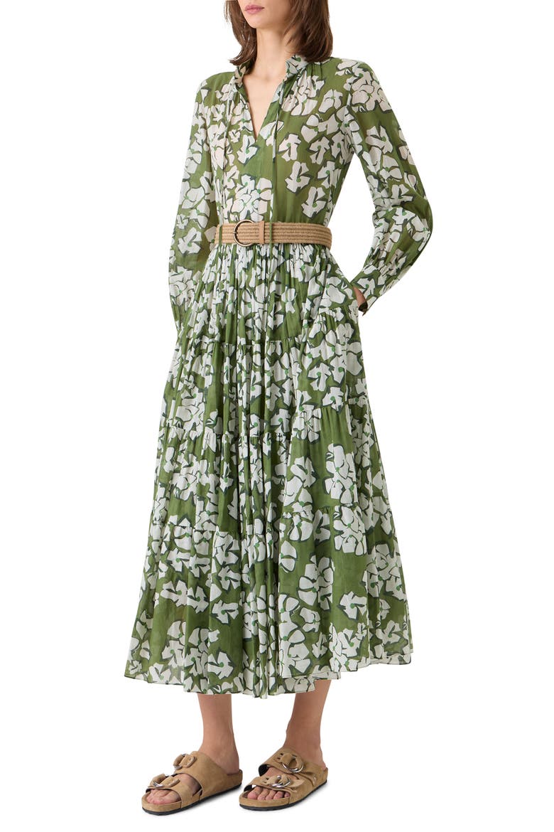 Papercut Flower Long Sleeve Belted Cotton Muslin Tiered Maxi Dress, Alternate, color, GREEN TEA-CREAM-OLIVE