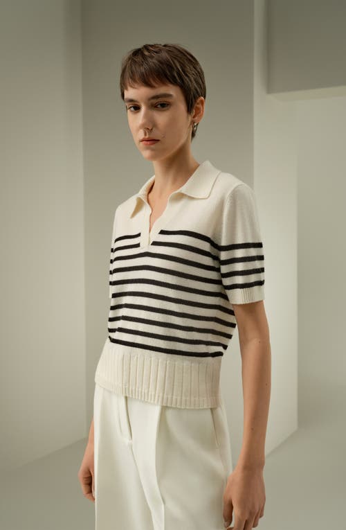Lilysilk Luxury Striped Cashmere Polo Sweater In White