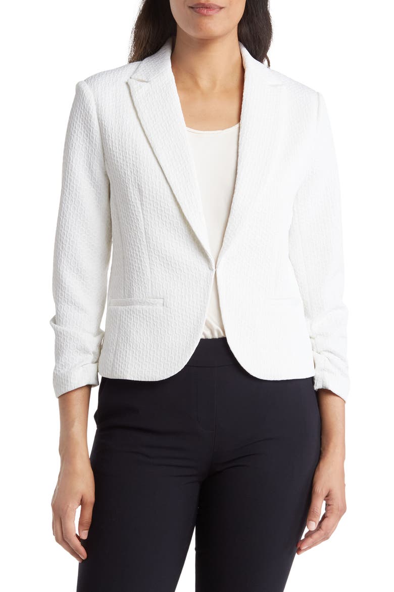 Ruched Sleeve Jacquard Blazer, Main, color, WHITE