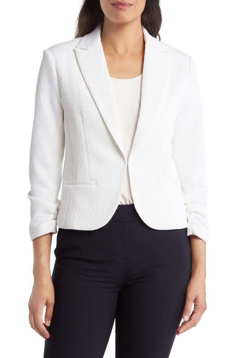 Amanda & Chelsea Ruched Sleeve Jacquard Blazer, Main, color, White