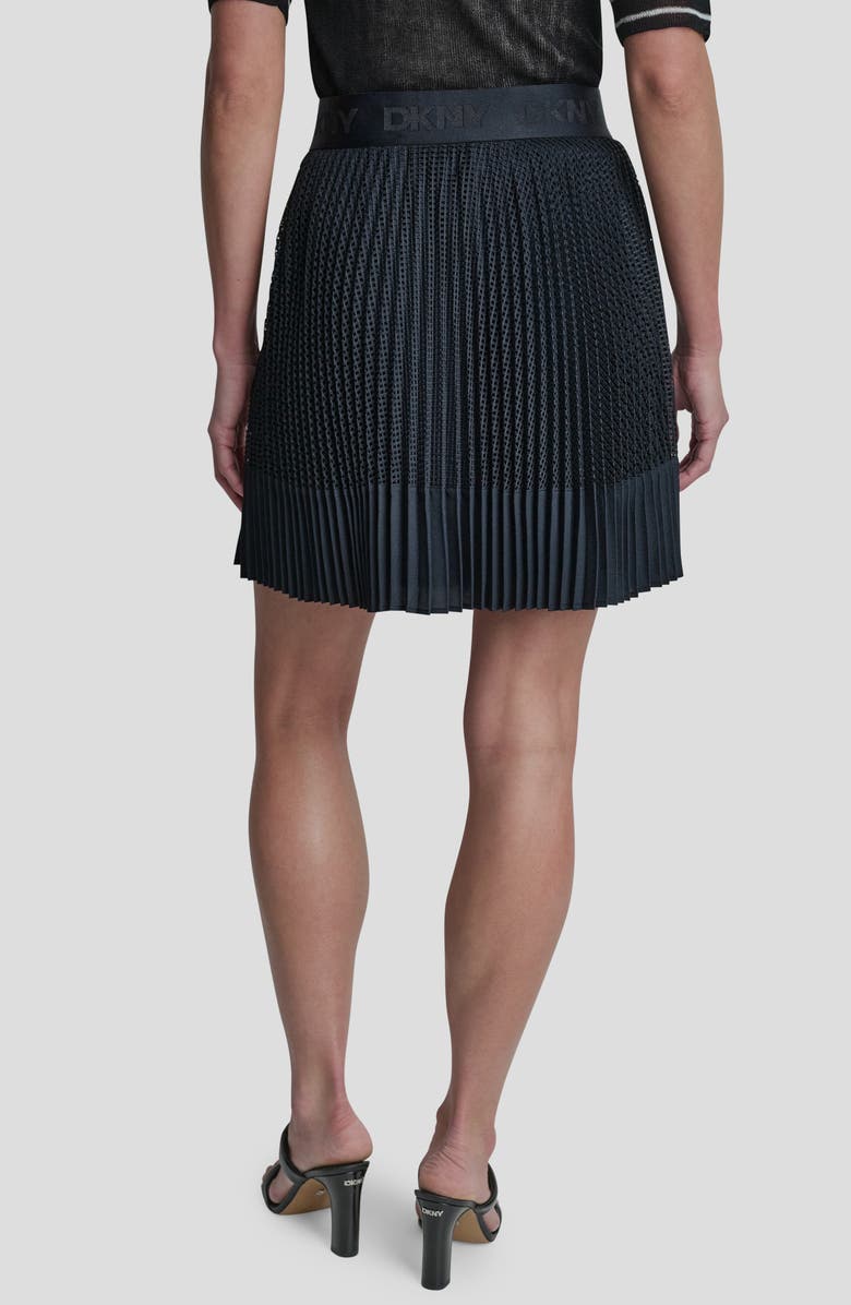 DKNY Logo Band Mixed Media Pleated Miniskirt, Alternate, color, Navy