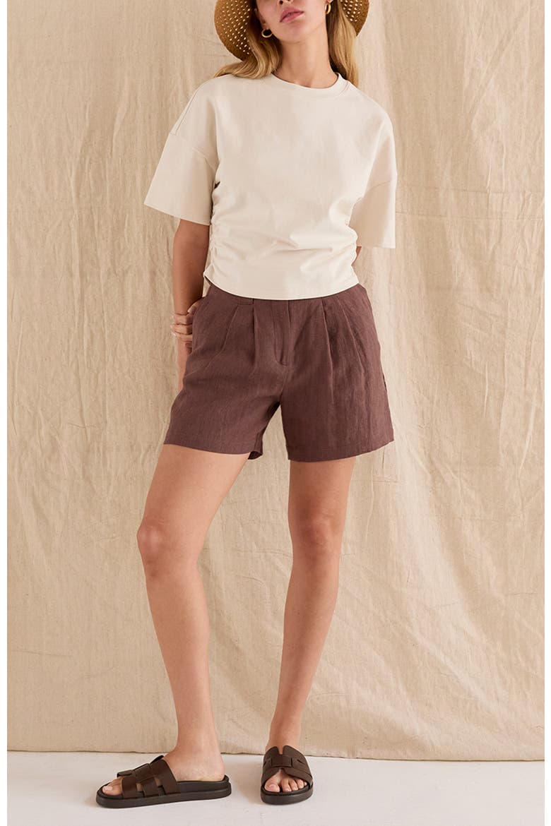 Pleated Linen Shorts, Alternate, color, Brown