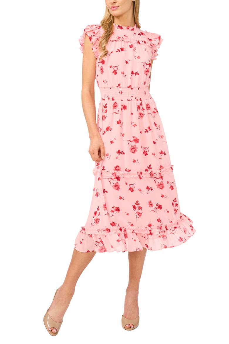Floral Print Flutter Sleeve Smocked Midi Dress, Main, color, CORAL BLOOM
