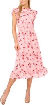 CeCe Floral Print Flutter Sleeve Smocked Midi Dress