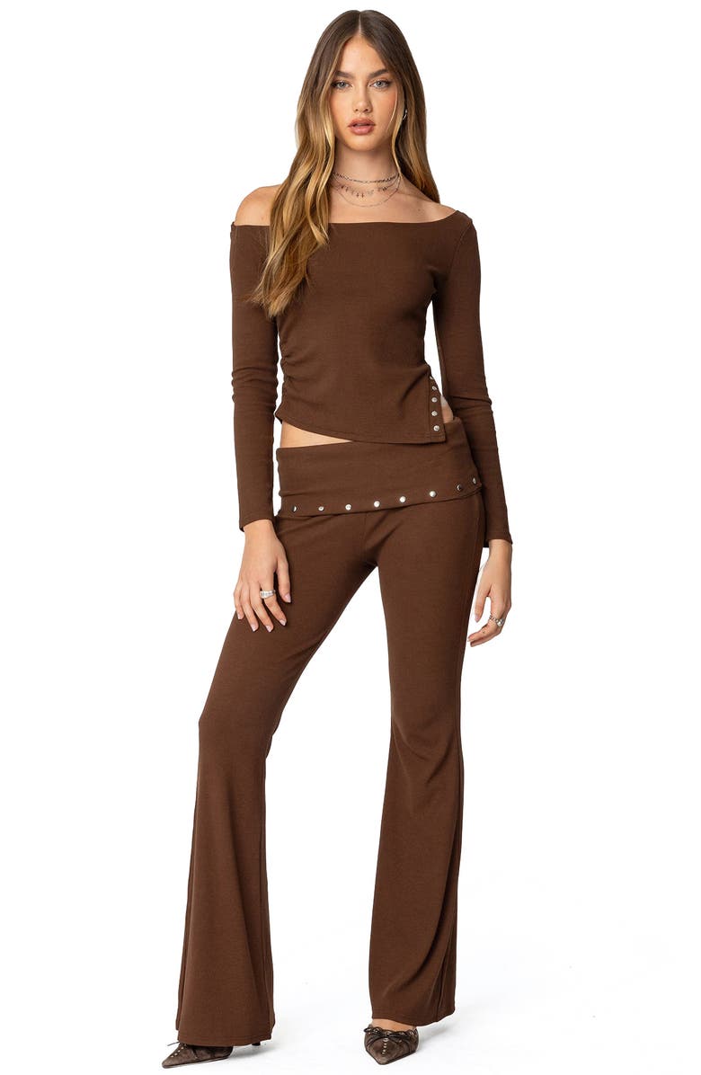 EDIKTED Aries Off the Shoulder Studded Rib Top, Alternate, color, Brown