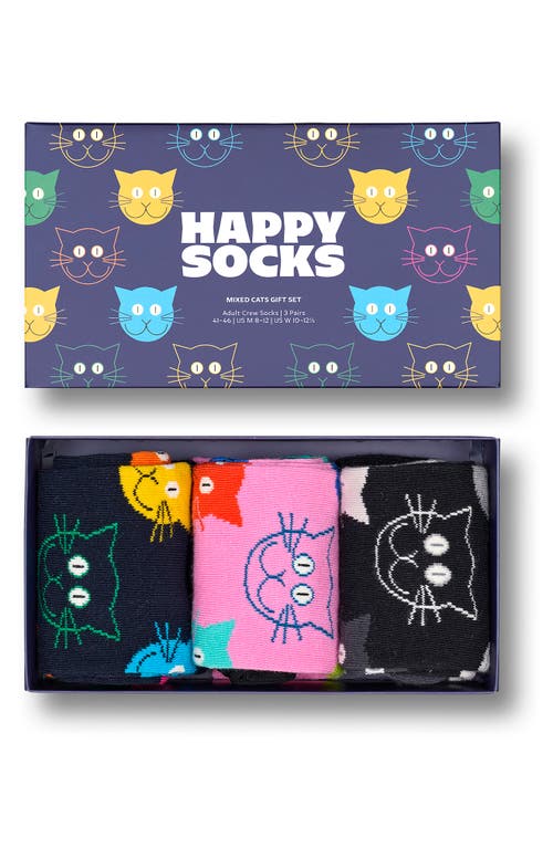 Happy Socks Mixed Cat 3-pack Assorted Crew Socks Gift Set In Navy