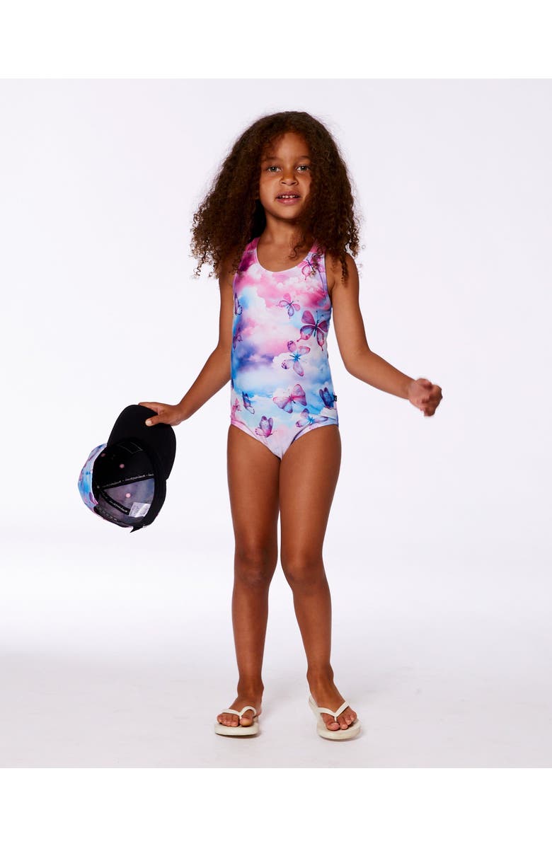 Deux par Deux Little Girl's Printed One-Piece Swimsuit Butterflies On Multicolored Background, Alternate, color, Butterflies On Multicolored