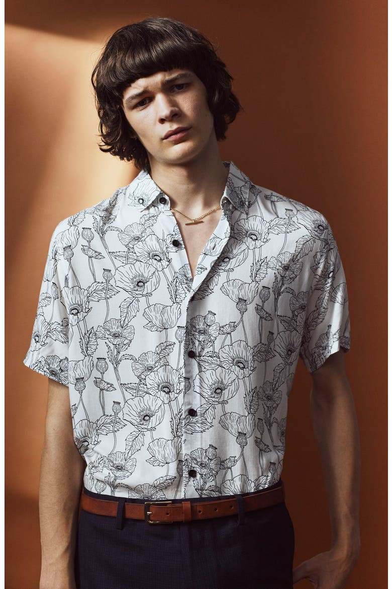 Slim Fit Short Sleeve Poppy Print Shirt, Alternate, color, WHITE MULTI