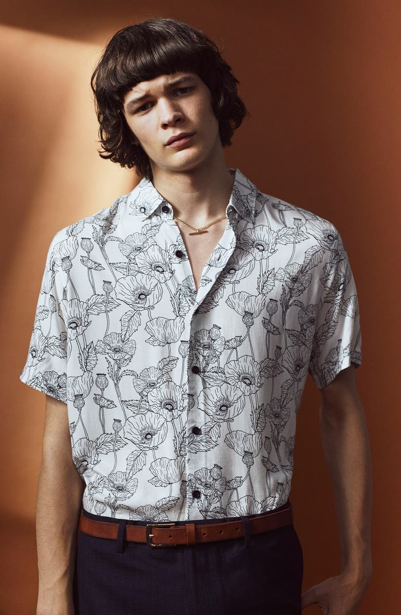 Topman Slim Fit Short Sleeve Poppy Print Shirt, Alternate, color,