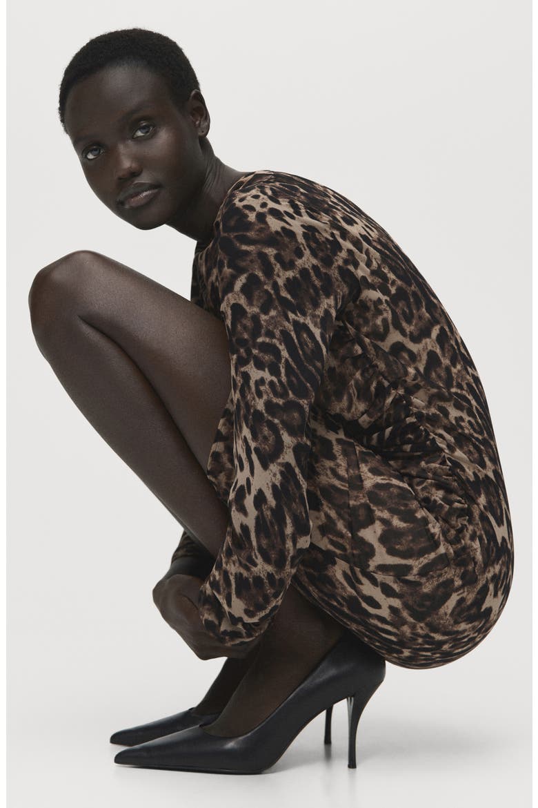 Leopard Print Draped Long Sleeve Minidress, Alternate, color, BROWN