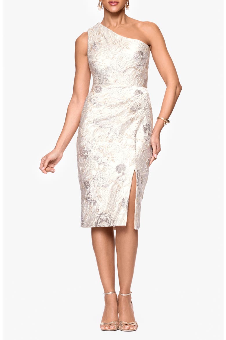 Metallic Floral Jacquard One-Shoulder Sheath Cocktail Dress, Main, color, CHAMPAGNE
