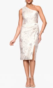 Xscape Evenings Metallic Floral Jacquard One-Shoulder Sheath Cocktail Dress