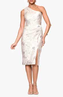 Xscape Evenings Metallic Floral Jacquard One-Shoulder Sheath Cocktail Dress