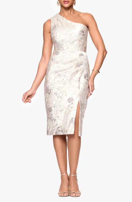 Xscape Evenings Metallic Floral Jacquard One-Shoulder Sheath Cocktail Dress