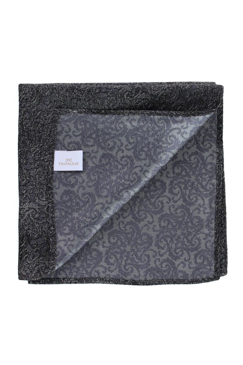 Esteban Scrolling Vines Tone on Tone Silk 12x12 Pocket Square, Alternate, color, Silver and Black