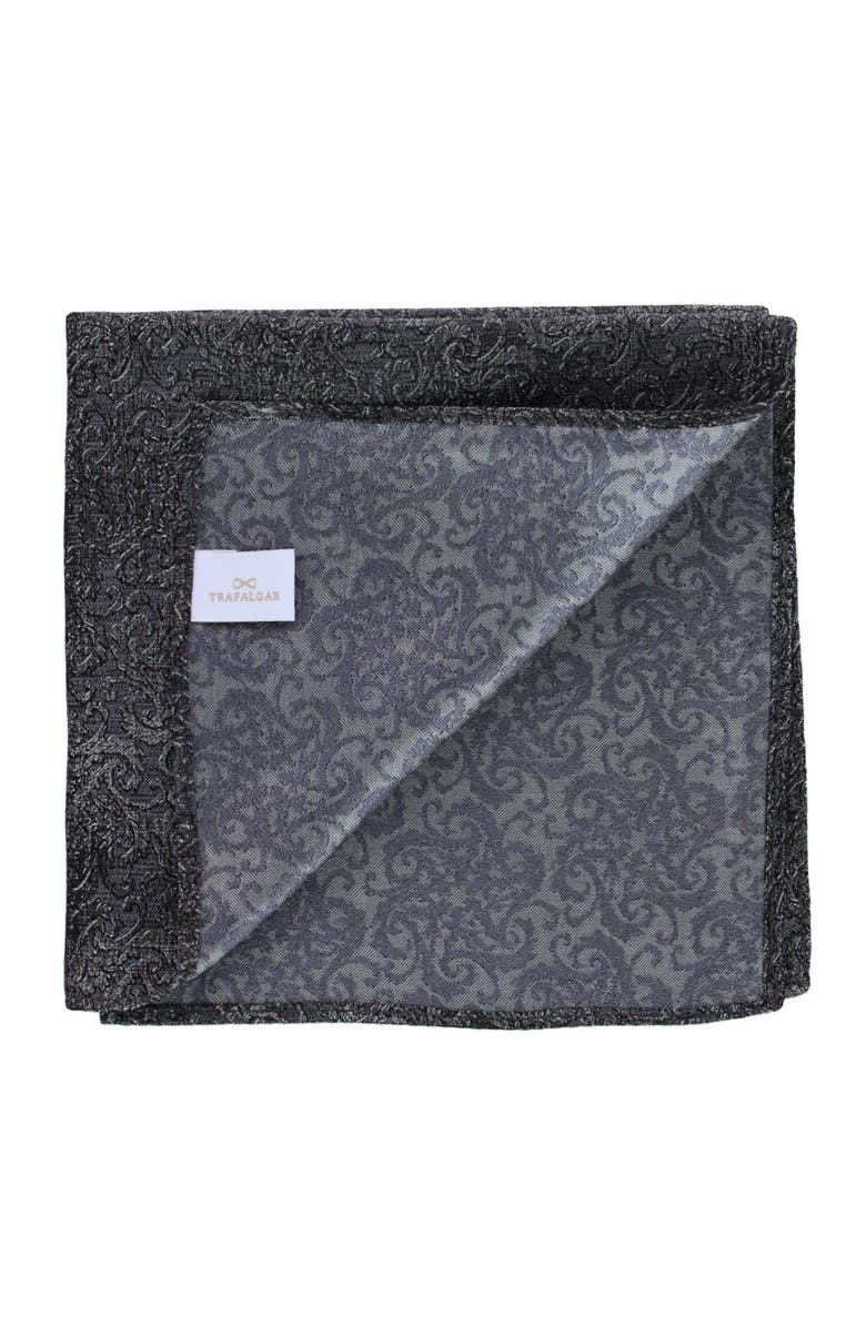 Trafalgar Esteban Scrolling Vines Tone on Tone Patterned Silk 12x12 Pocket Square, Alternate, color, Silver And Black