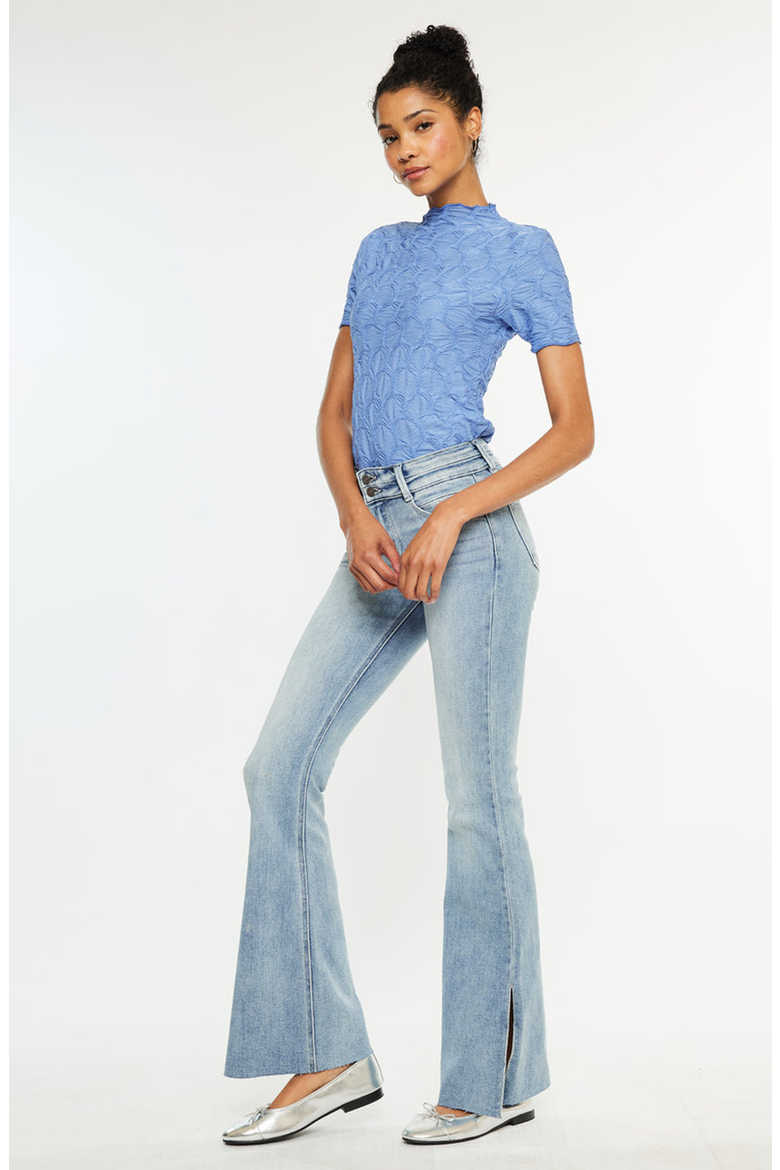 Selena Double Waist Band Flare Jeans, Alternate, color, Medium Wash