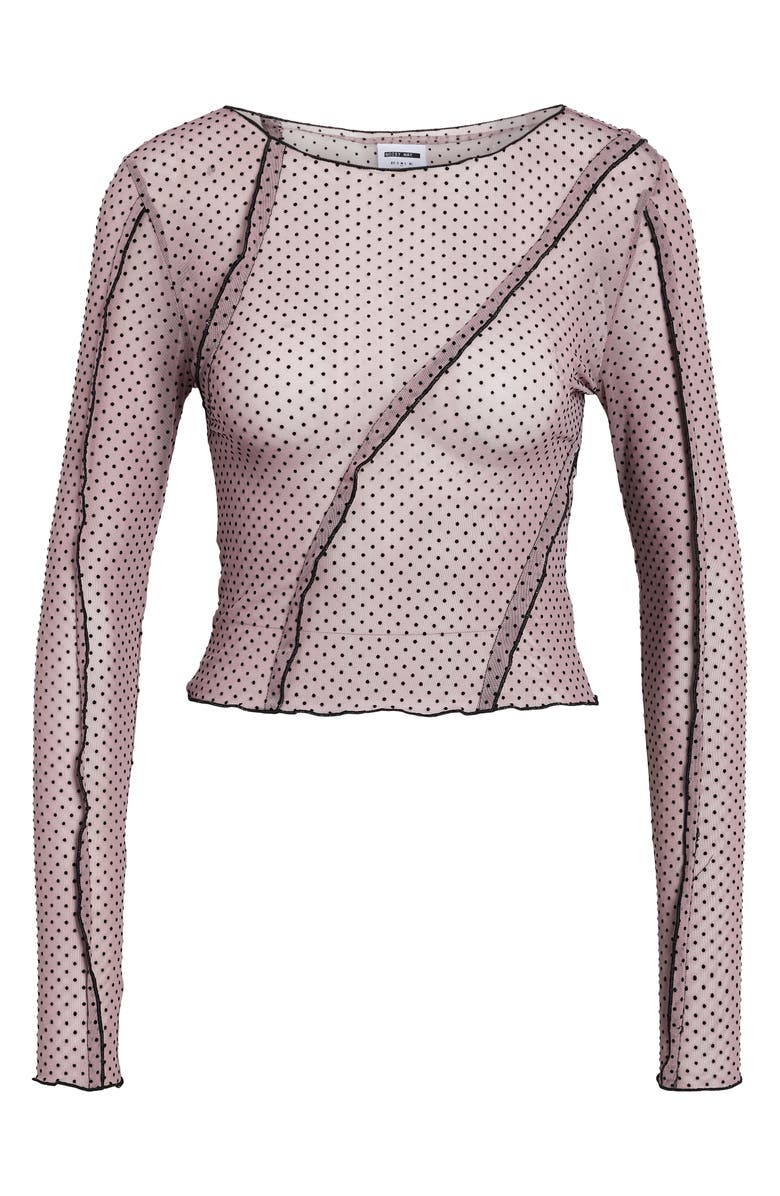 Noisy may Vikki Flocked Dot Long Sleeve Mesh Crop Top, Alternate, color,