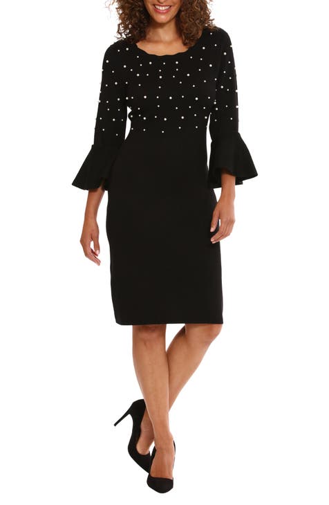 Faux Pearl Appliqué Bell Sleeve Dress