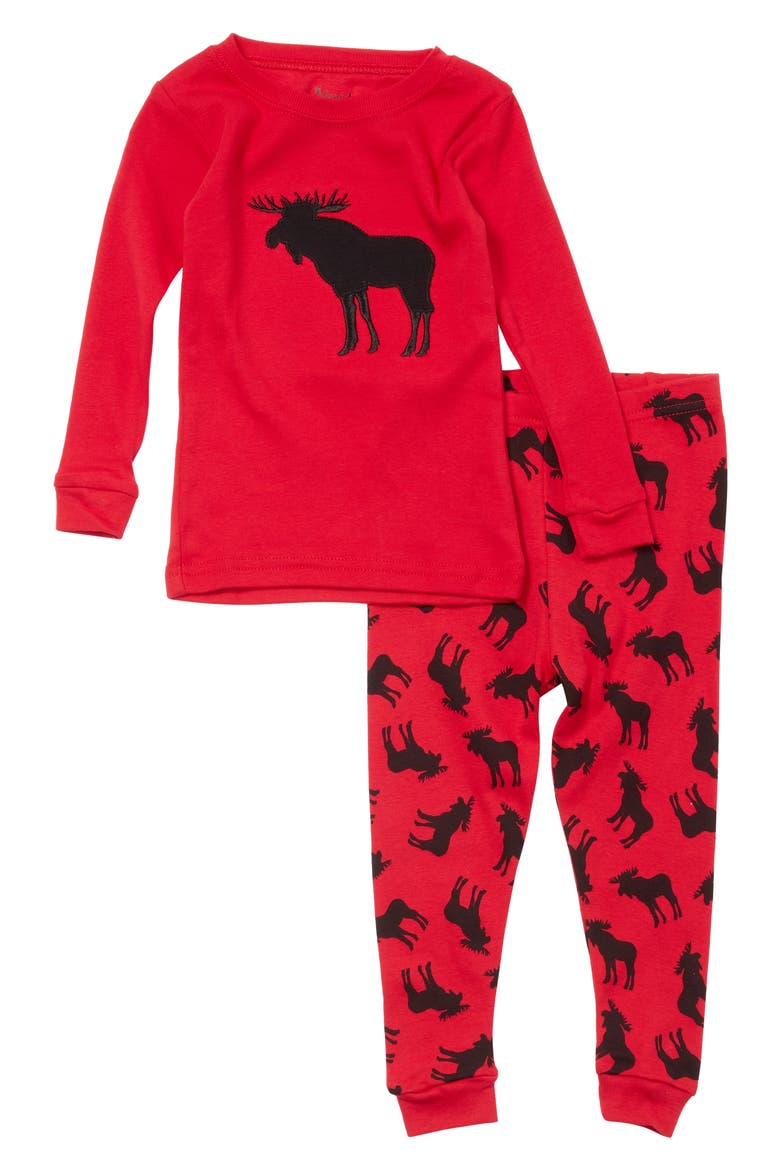 Moose Long Sleeve Top & Pants Pajama Set, Main, color, RED
