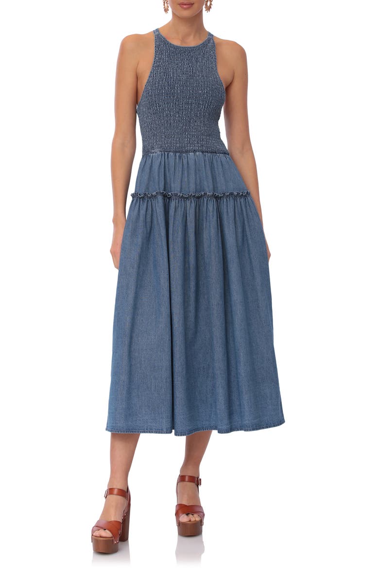 Smocked Bodice Chambray Midi Dress, Main, color, LIGHT WASH