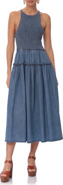 Avec Les Filles Smocked Bodice Chambray Midi Dress