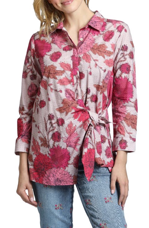 Mixed Print Side Tie Cotton Button-Up Shirt