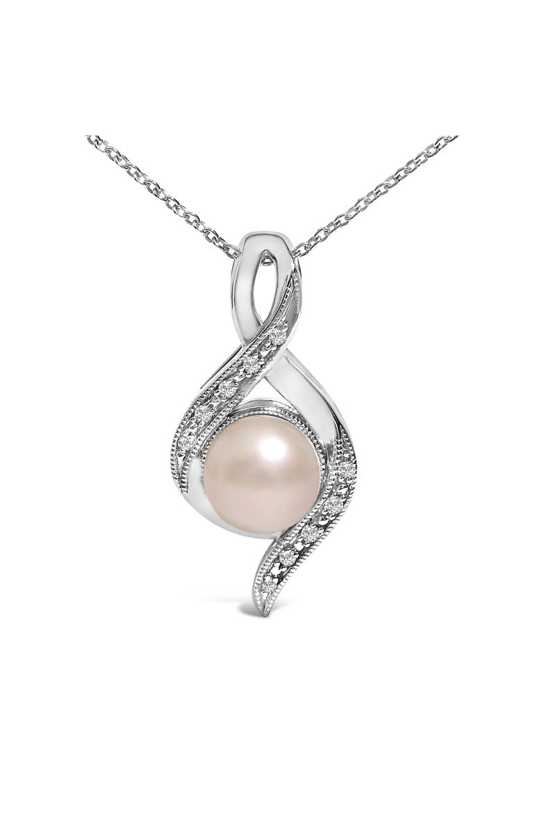 Sterling Silver 7mm Cultured Pearl and Diamond Accent Swirl Pendant Necklace, Main, color, White