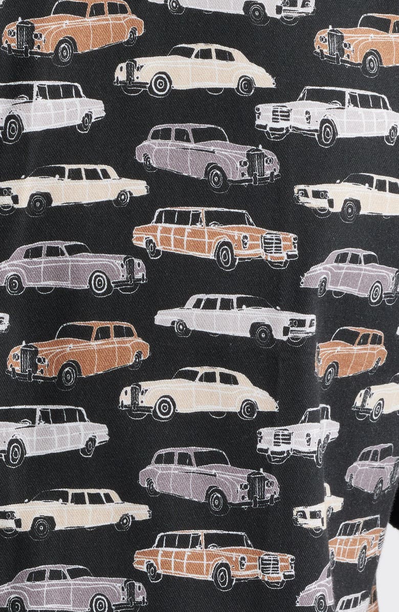 Stone Rose Ridin' Dirty Vintage Car Print Short Sleeve Stretch Cotton Blend Button-Up Shirt, Alternate, color, 