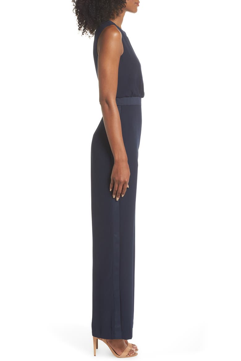 Satin Detail Crepe Jumpsuit, Alternate, color, NAVY