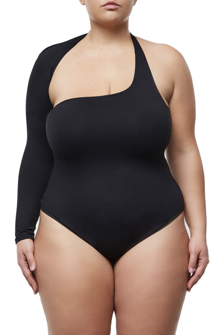 Good Body Asymmetrical Bodysuit, Main, color, BLACK