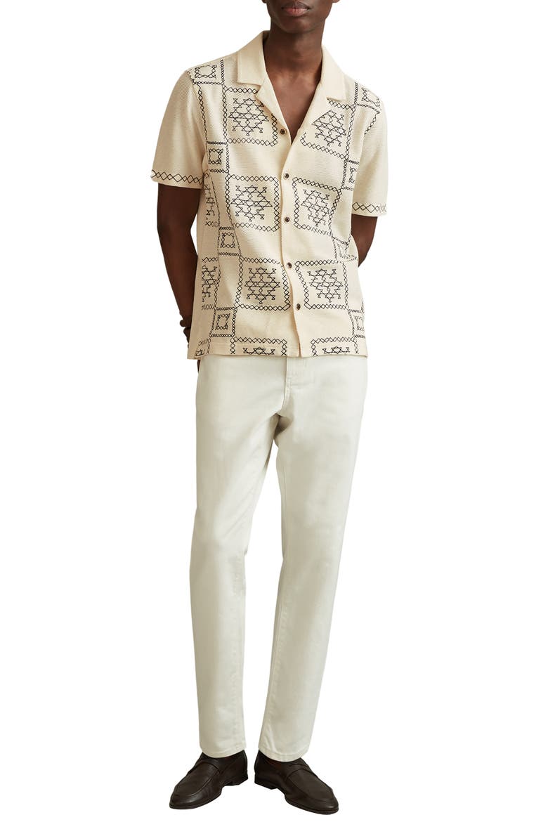 Cosmos Embroidered Short Sleeve Cotton Button-Up Shirt, Alternate, color, ECRU/ NAVY