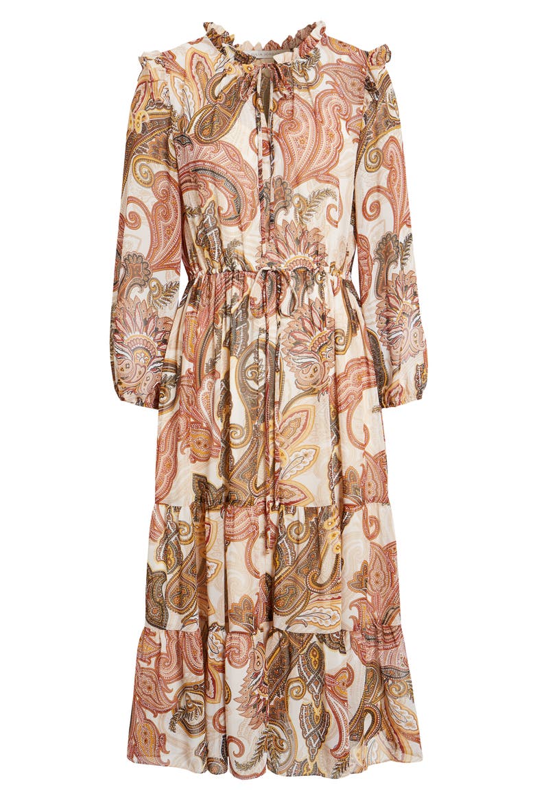 Long Sleeve Tiered Chiffon Midi Dress, Alternate, color, IVORY MULTI