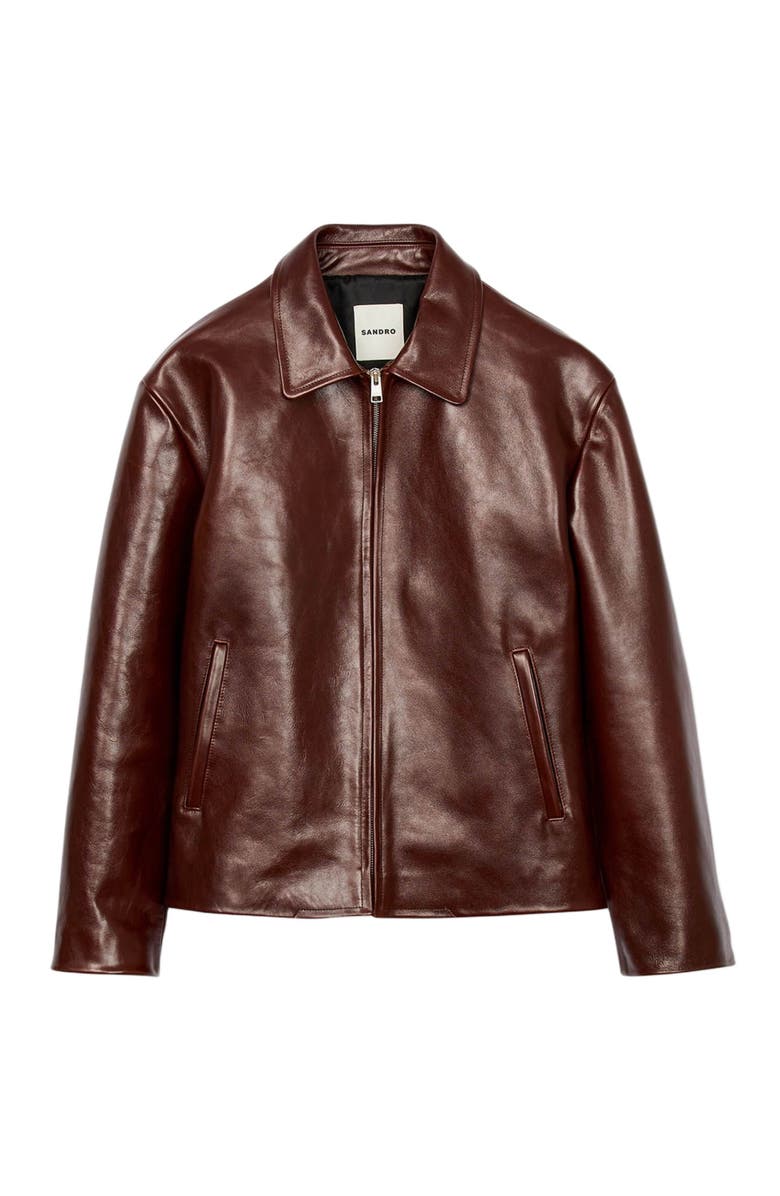 SANDRO Classic zip-up leather jacket, Alternate, color, Cognac